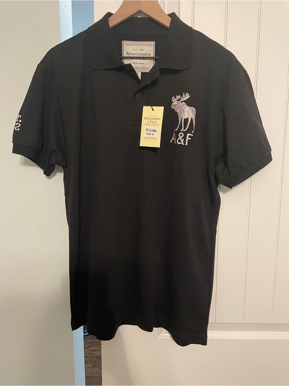 Black Polo with White Moose A&F Embroidery